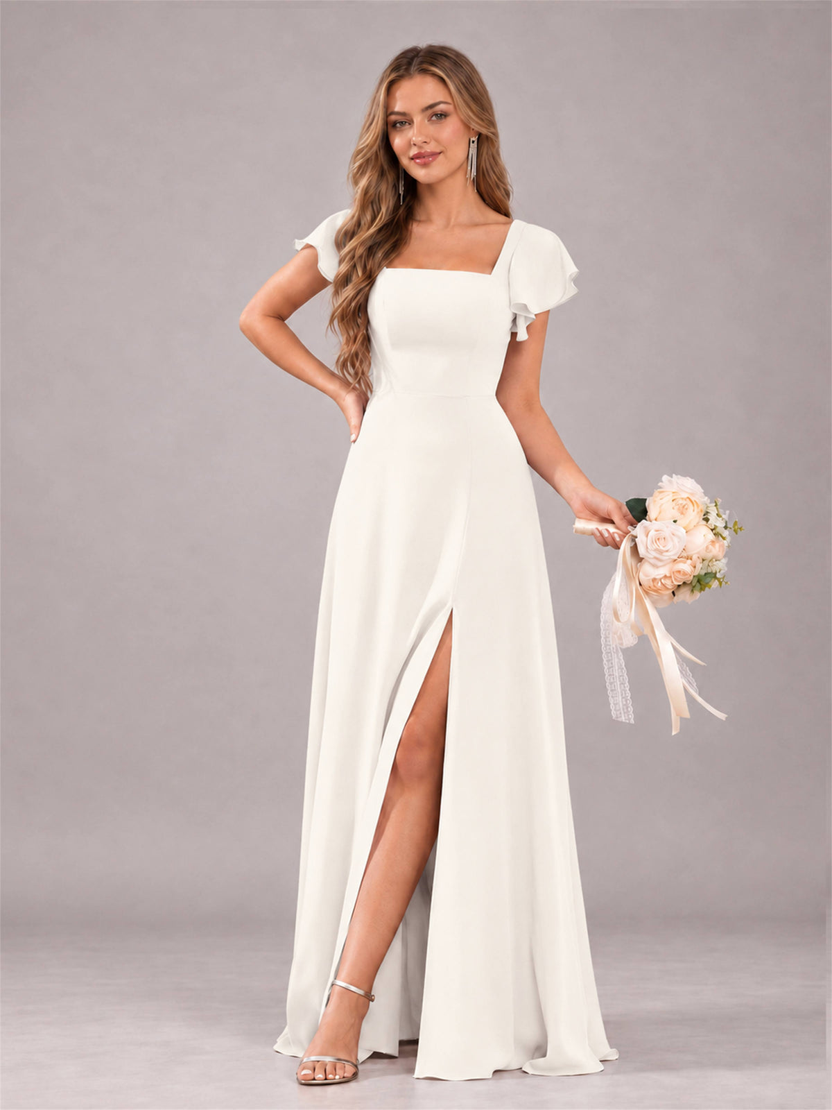 Ivory Modern Square Neck Cap Sleeves Lace Up Chiffon Bridesmaid Dress