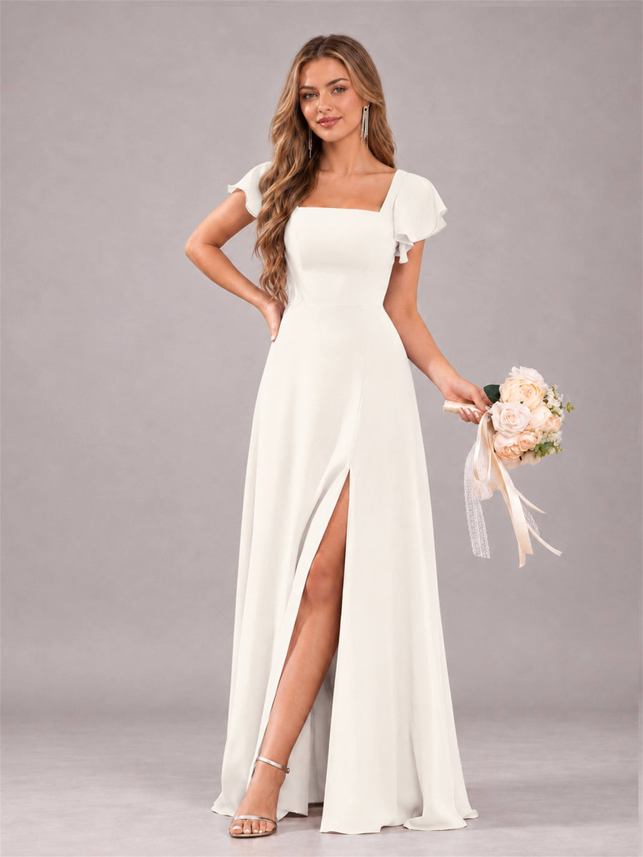 Ivory Modern Square Neck Cap Sleeves Lace Up Chiffon Bridesmaid Dress