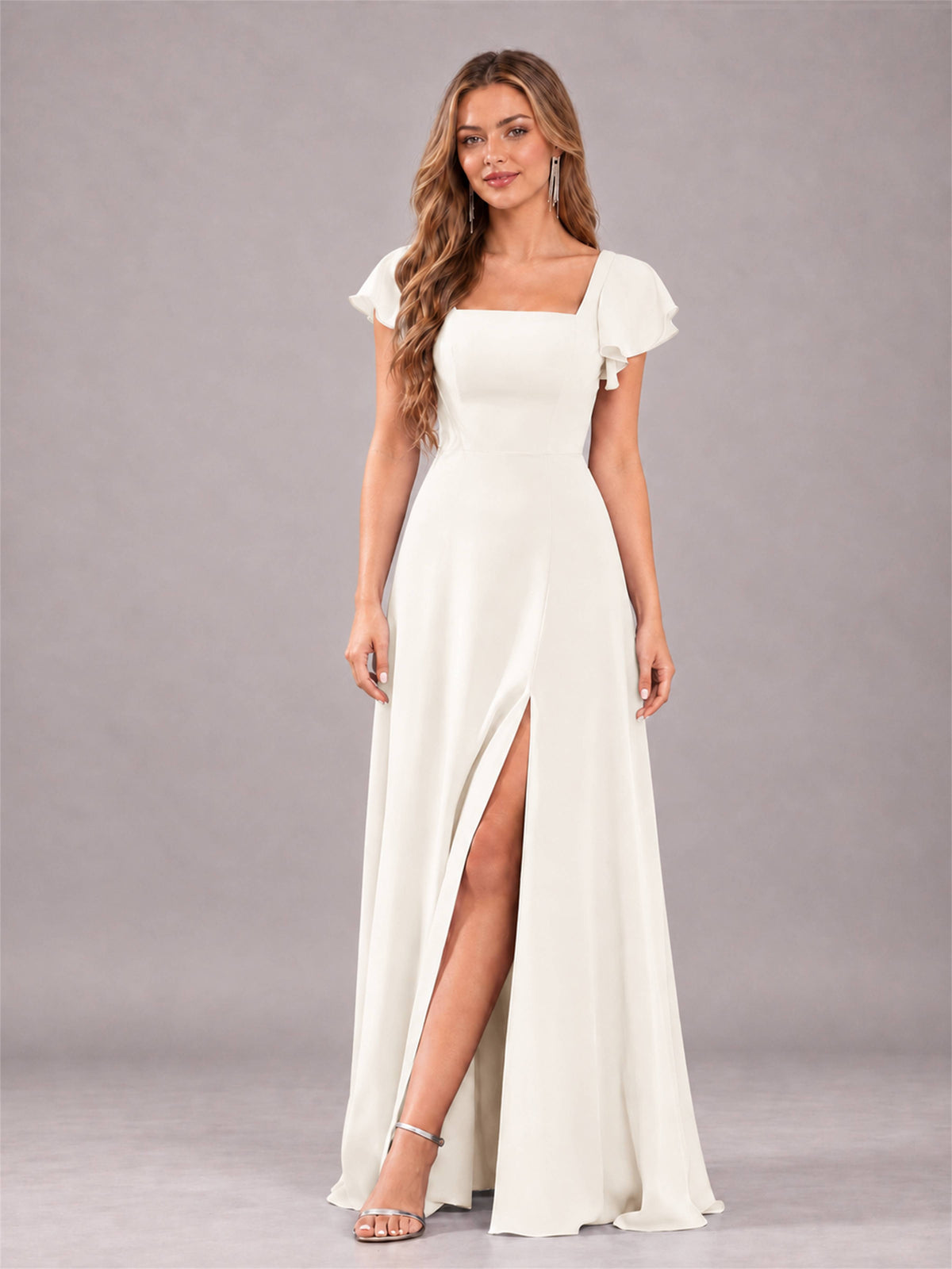 Ivory Modern Square Neck Cap Sleeves Lace Up Chiffon Bridesmaid Dress