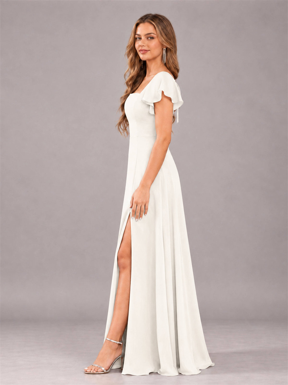Ivory Modern Square Neck Cap Sleeves Lace Up Chiffon Bridesmaid Dress