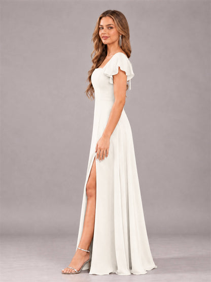 Ivory Modern Square Neck Cap Sleeves Lace Up Chiffon Bridesmaid Dress
