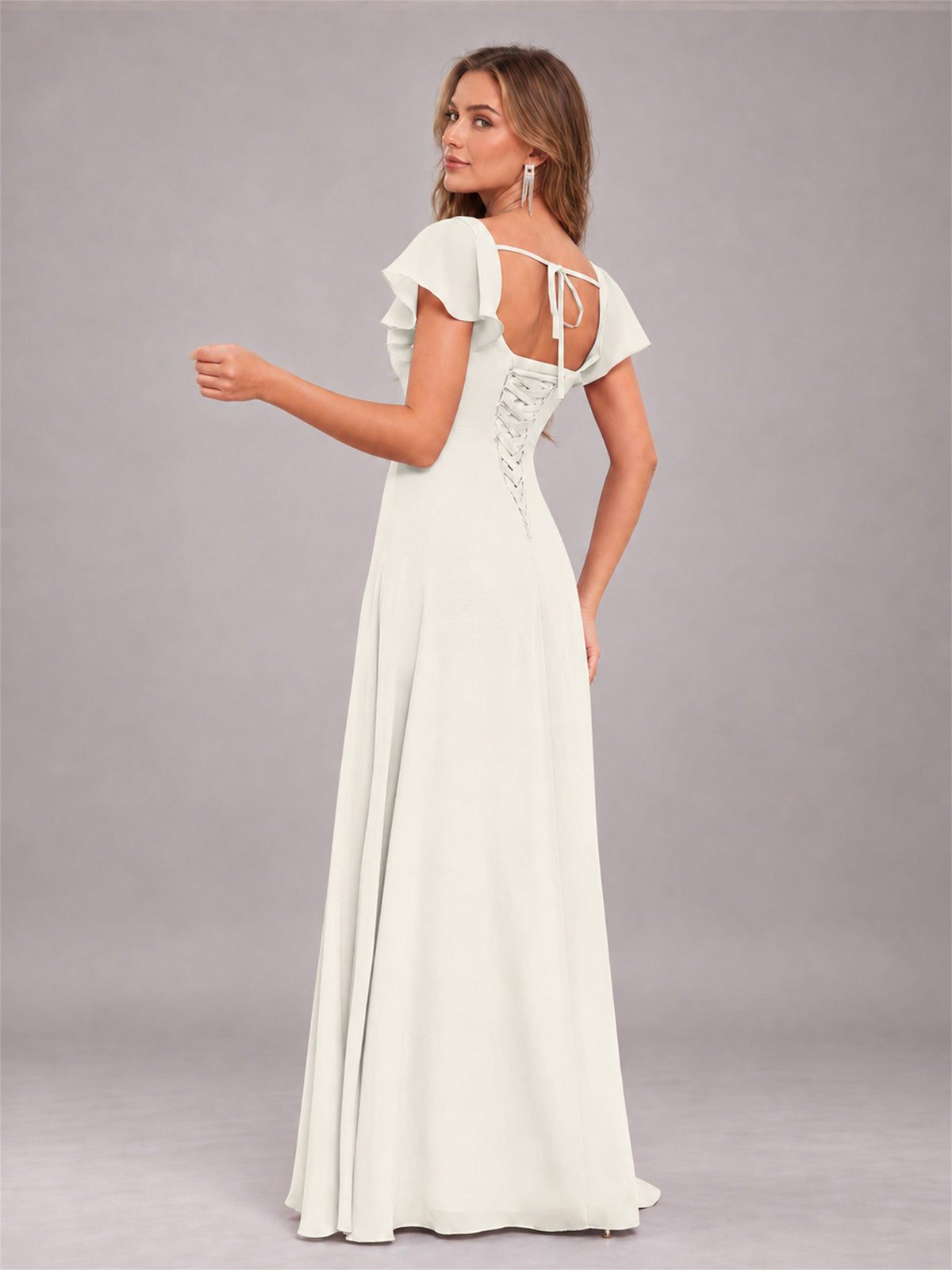 Ivory Modern Square Neck Cap Sleeves Lace Up Chiffon Bridesmaid Dress