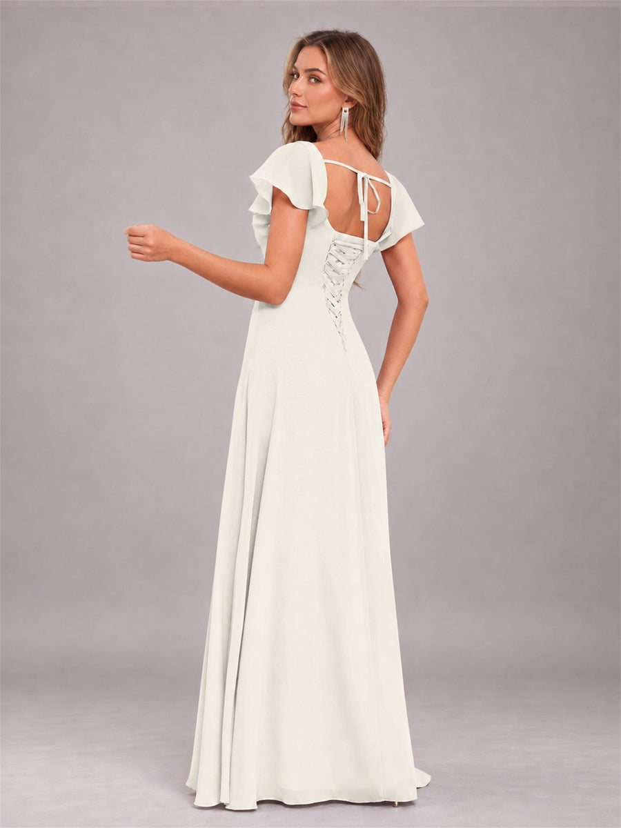 Ivory Modern Square Neck Cap Sleeves Lace Up Chiffon Bridesmaid Dress