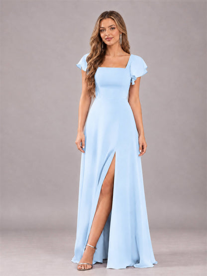 Light Blue Modern Square Neck Cap Sleeves Lace Up Chiffon Bridesmaid Dress