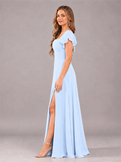 Light Blue Modern Square Neck Cap Sleeves Lace Up Chiffon Bridesmaid Dress