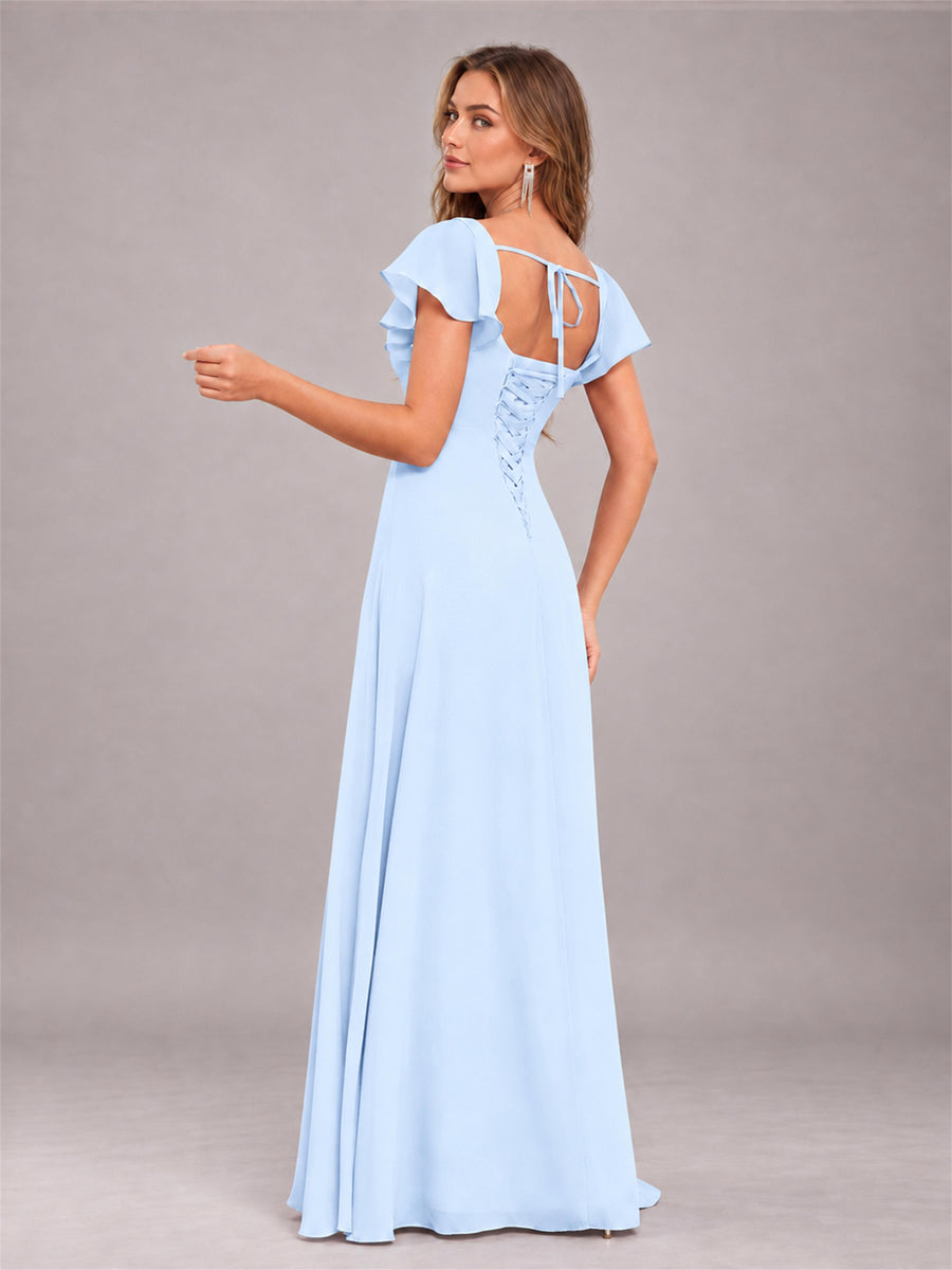 Light Blue Modern Square Neck Cap Sleeves Lace Up Chiffon Bridesmaid Dress