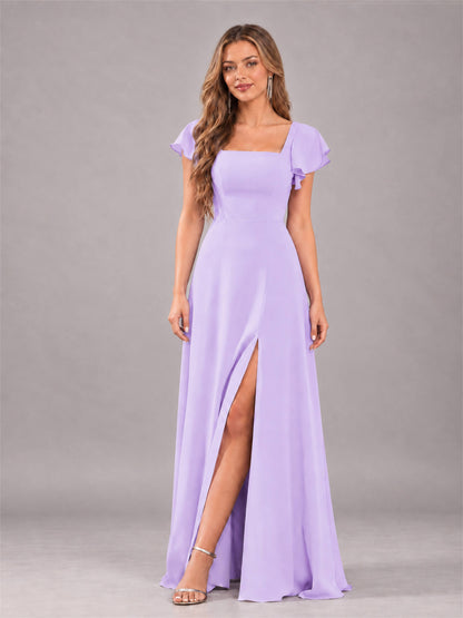 Lilac Modern Square Neck Cap Sleeves Lace Up Chiffon Bridesmaid Dress