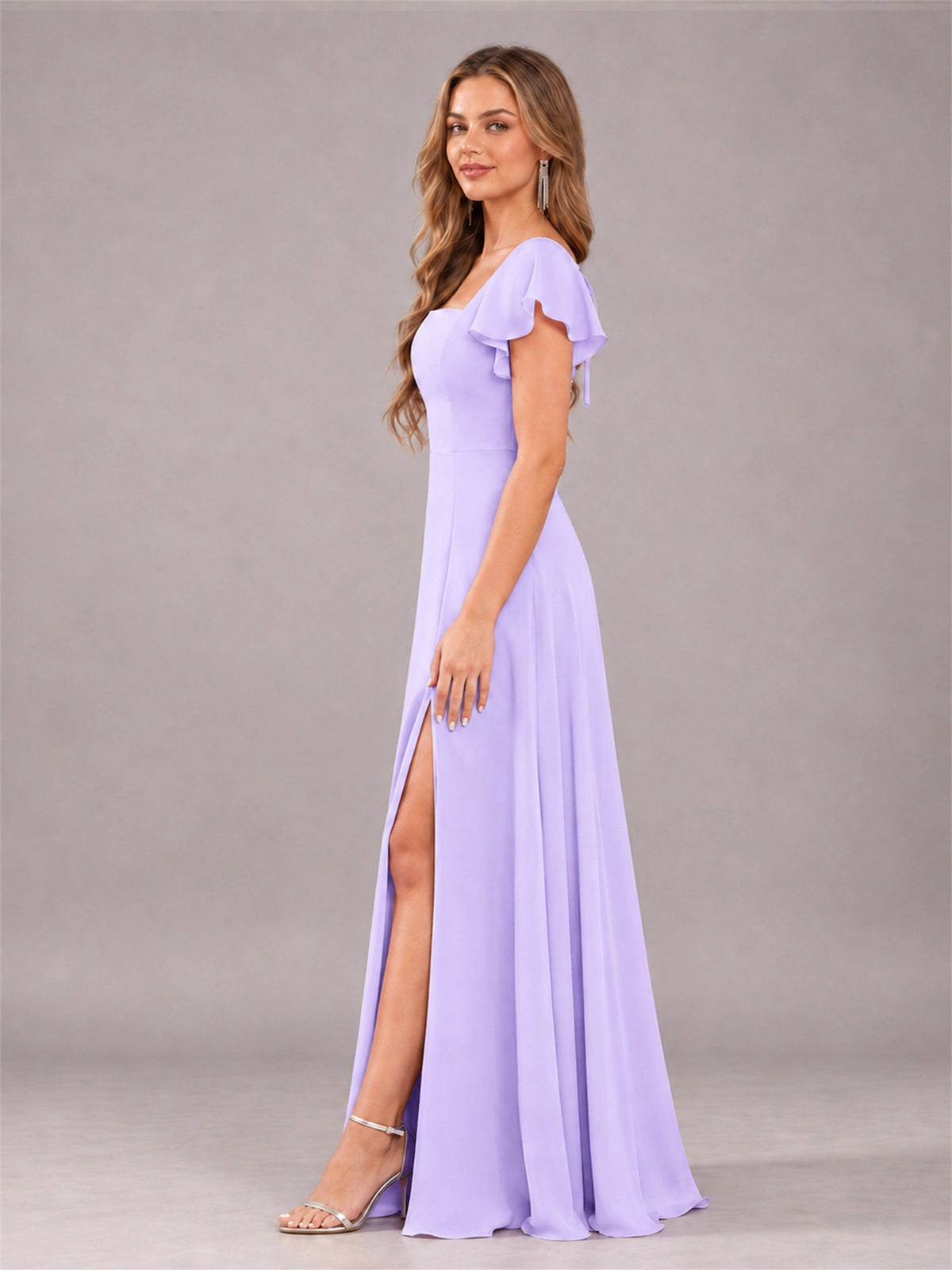 Lilac Modern Square Neck Cap Sleeves Lace Up Chiffon Bridesmaid Dress