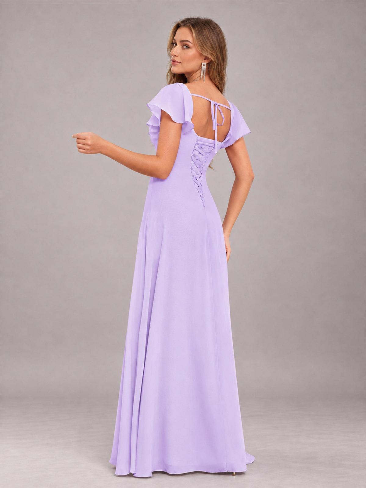 Lilac Modern Square Neck Cap Sleeves Lace Up Chiffon Bridesmaid Dress