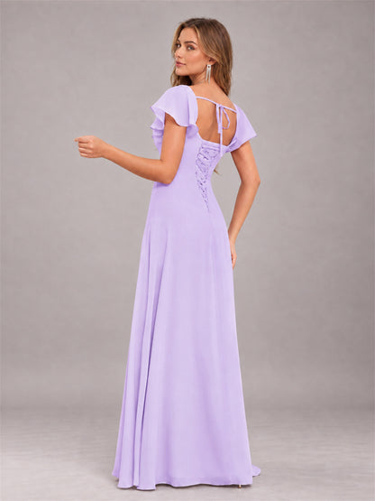 Lilac Modern Square Neck Cap Sleeves Lace Up Chiffon Bridesmaid Dress