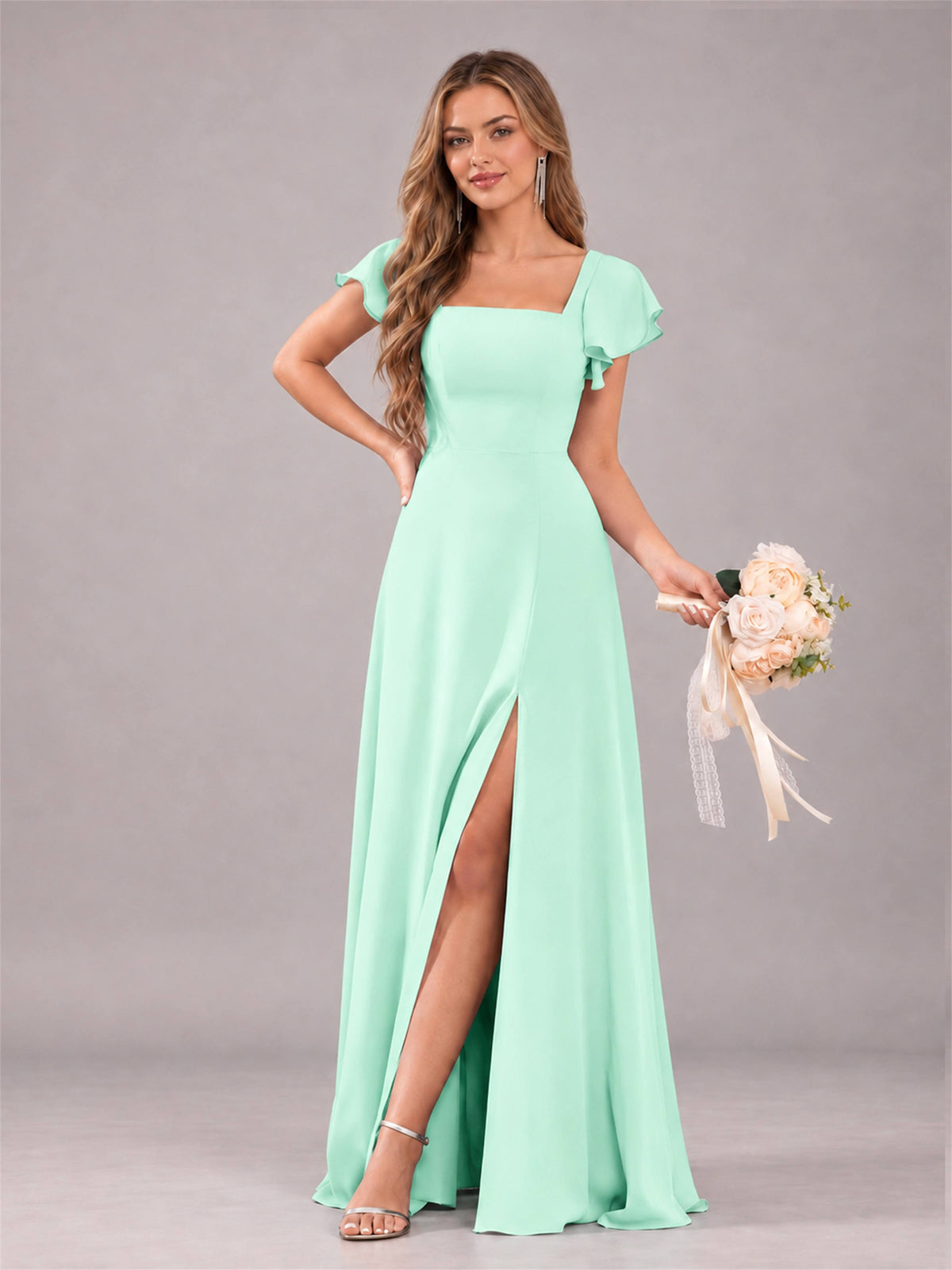 Mint Green Modern Square Neck Cap Sleeves Lace Up Chiffon Bridesmaid Dress
