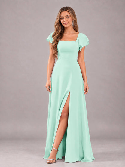 Mint Green Modern Square Neck Cap Sleeves Lace Up Chiffon Bridesmaid Dress