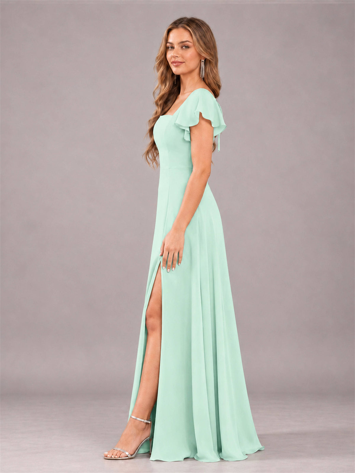 Mint Green Modern Square Neck Cap Sleeves Lace Up Chiffon Bridesmaid Dress