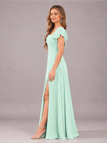 Mint Green Modern Square Neck Cap Sleeves Lace Up Chiffon Bridesmaid Dress