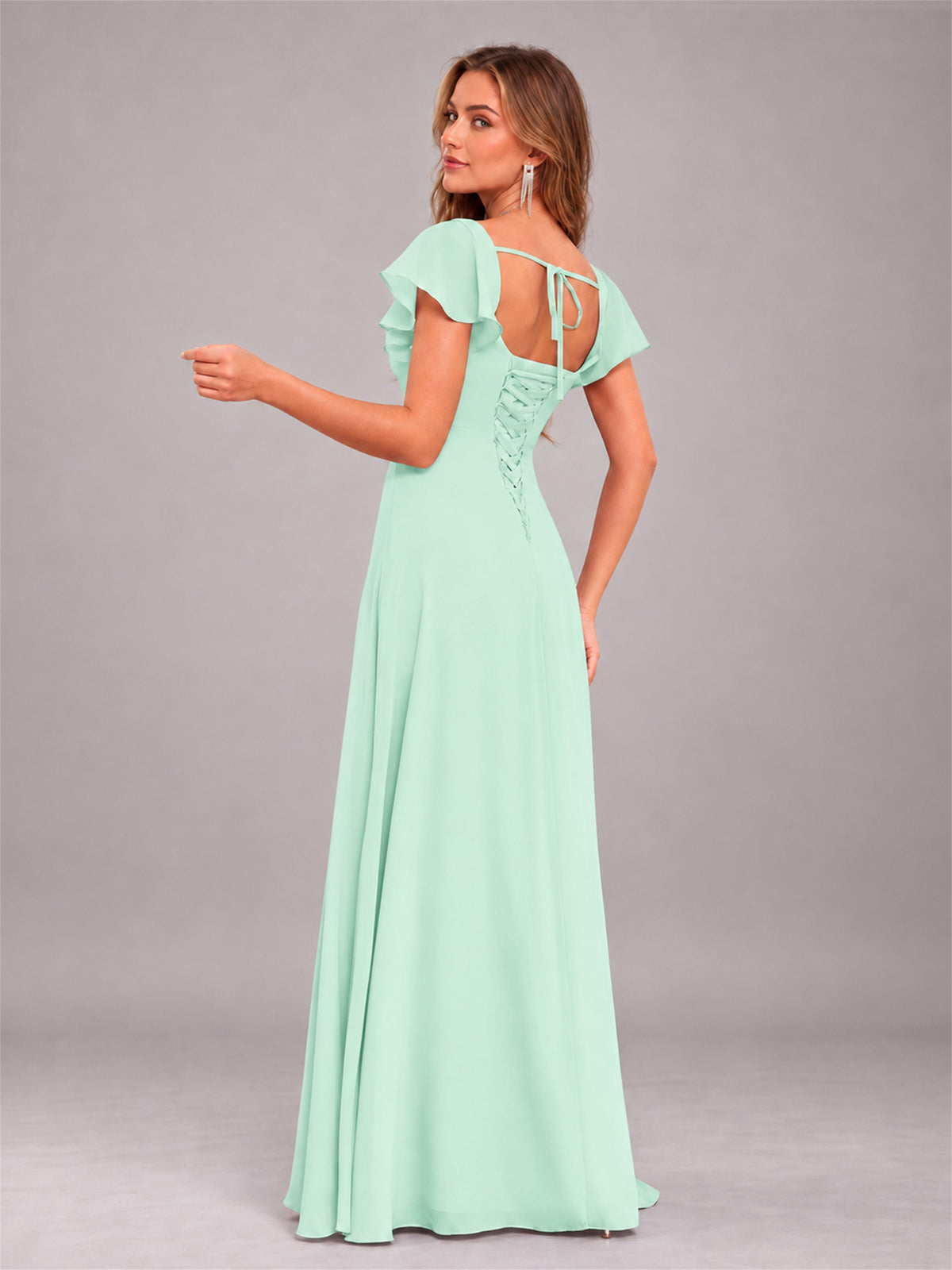 Mint Green Modern Square Neck Cap Sleeves Lace Up Chiffon Bridesmaid Dress