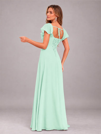 Mint Green Modern Square Neck Cap Sleeves Lace Up Chiffon Bridesmaid Dress