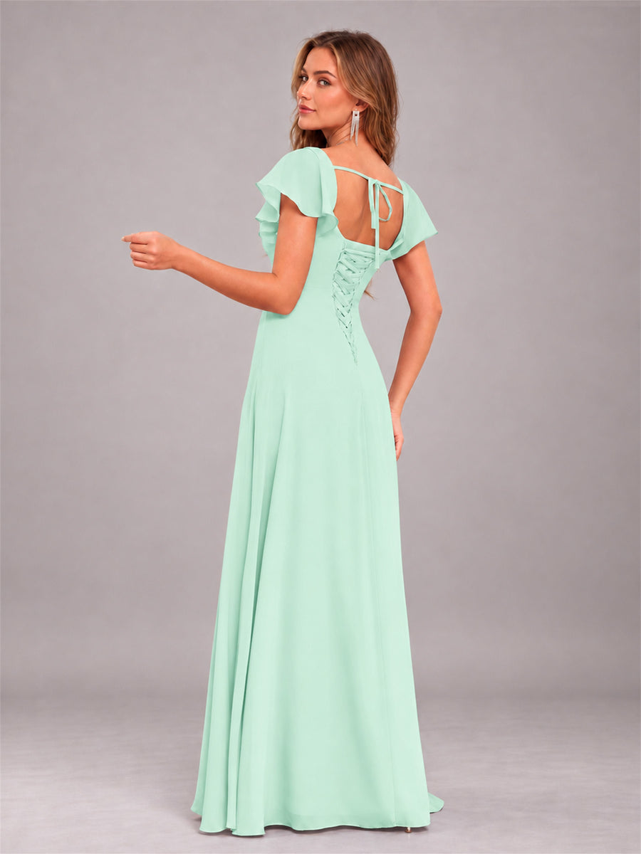 Mint Green Modern Square Neck Cap Sleeves Lace Up Chiffon Bridesmaid Dress