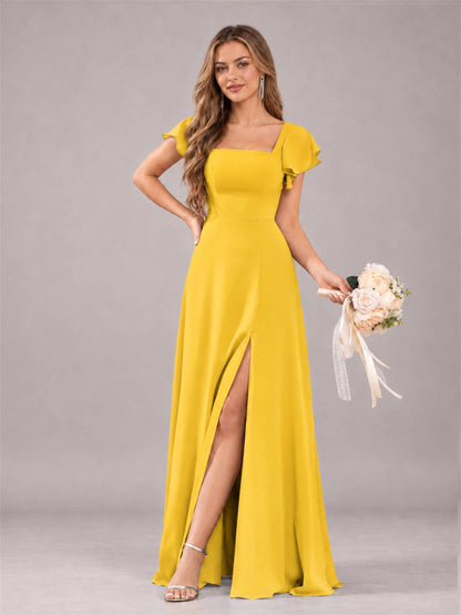Mustard Yellow Modern Square Neck Cap Sleeves Lace Up Chiffon Bridesmaid Dress