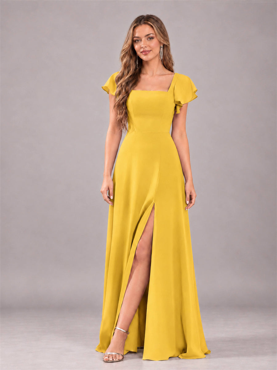 Mustard Yellow Modern Square Neck Cap Sleeves Lace Up Chiffon Bridesmaid Dress