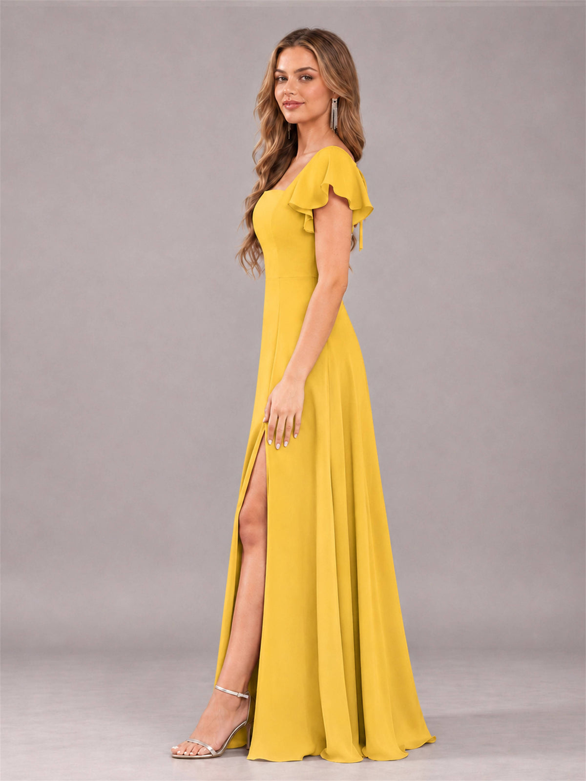 Mustard Yellow Modern Square Neck Cap Sleeves Lace Up Chiffon Bridesmaid Dress