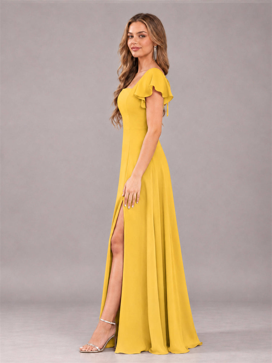 Mustard Yellow Modern Square Neck Cap Sleeves Lace Up Chiffon Bridesmaid Dress