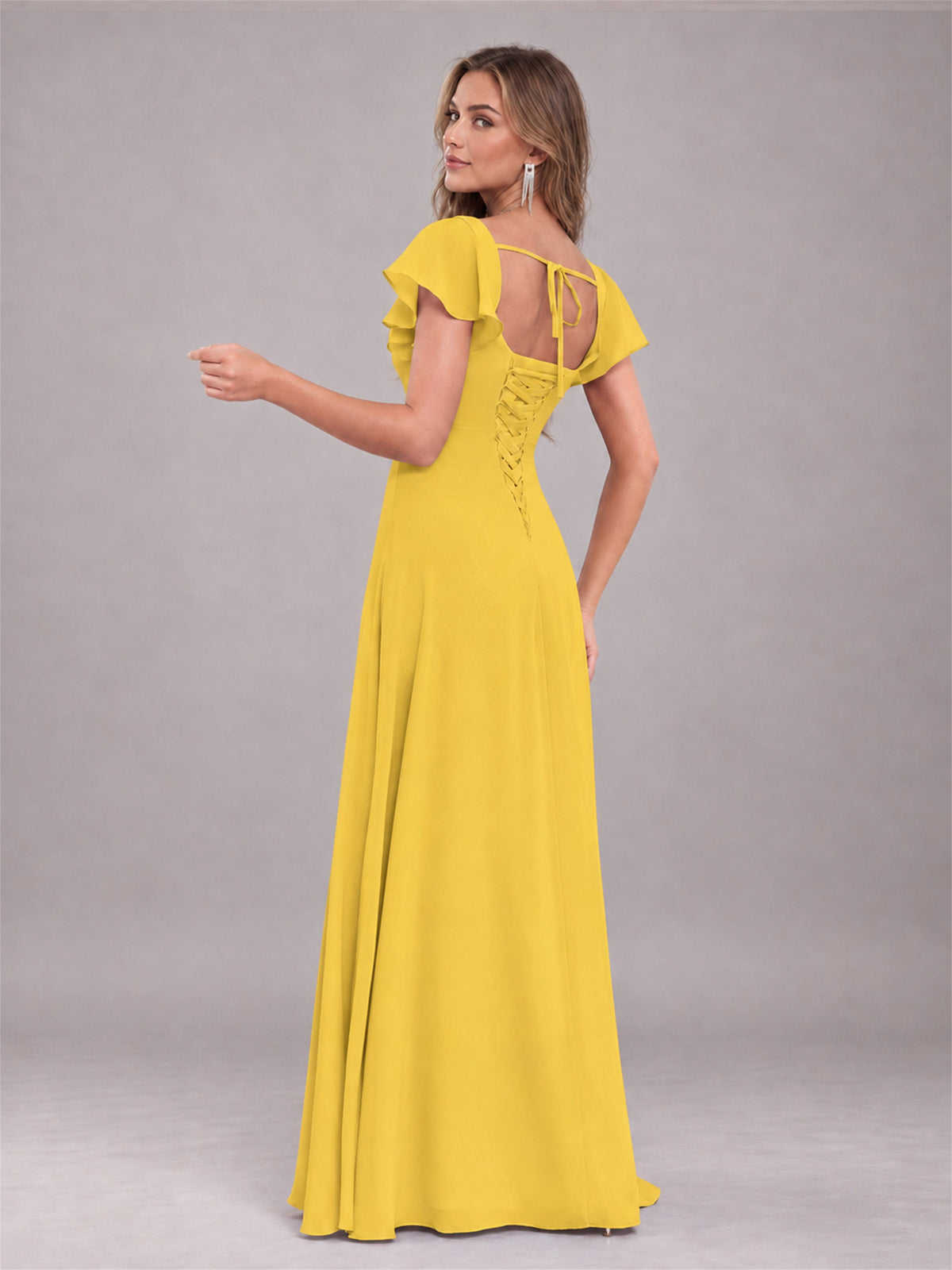 Mustard Yellow Modern Square Neck Cap Sleeves Lace Up Chiffon Bridesmaid Dress