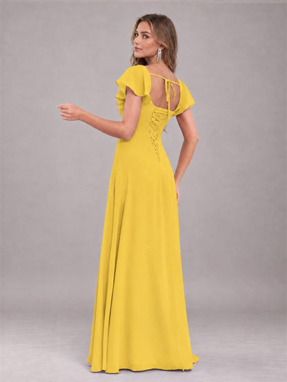 Mustard Yellow Modern Square Neck Cap Sleeves Lace Up Chiffon Bridesmaid Dress