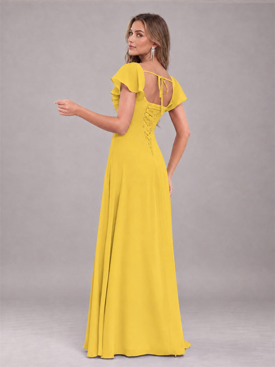 Mustard Yellow Modern Square Neck Cap Sleeves Lace Up Chiffon Bridesmaid Dress