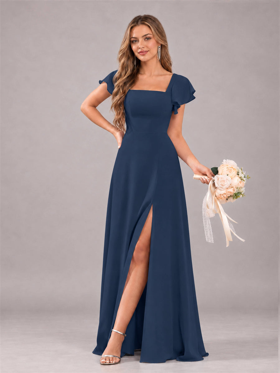 Navy Blue Modern Square Neck Cap Sleeves Lace Up Chiffon Bridesmaid Dress