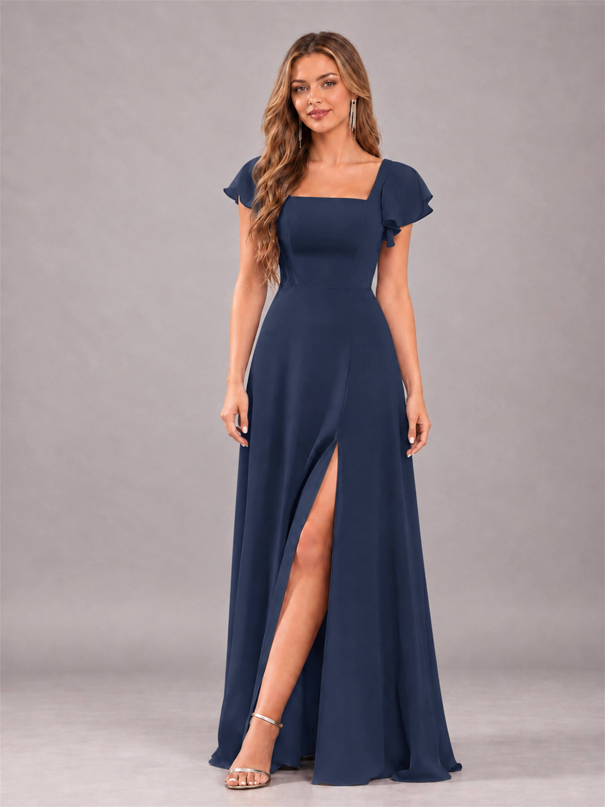 Navy Blue Modern Square Neck Cap Sleeves Lace Up Chiffon Bridesmaid Dress
