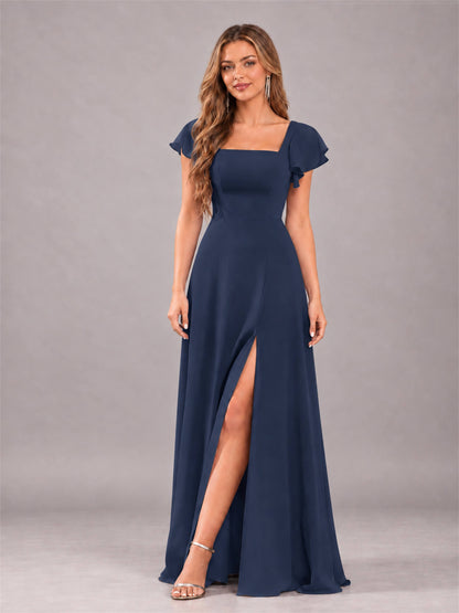 Navy Blue Modern Square Neck Cap Sleeves Lace Up Chiffon Bridesmaid Dress