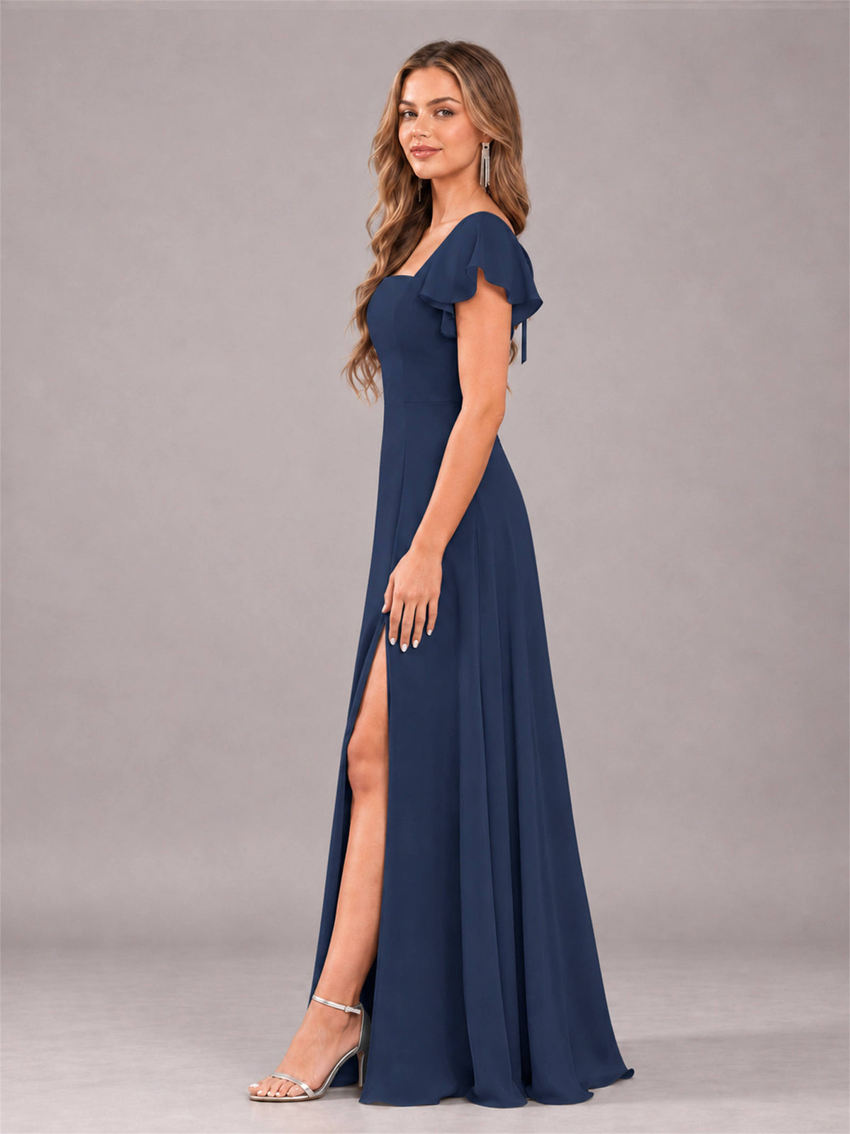 Navy Blue Modern Square Neck Cap Sleeves Lace Up Chiffon Bridesmaid Dress