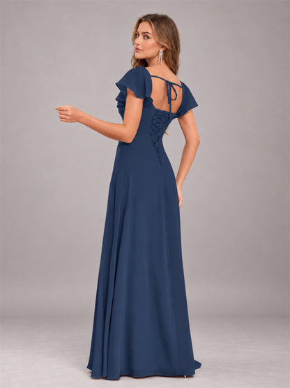 Navy Blue Modern Square Neck Cap Sleeves Lace Up Chiffon Bridesmaid Dress
