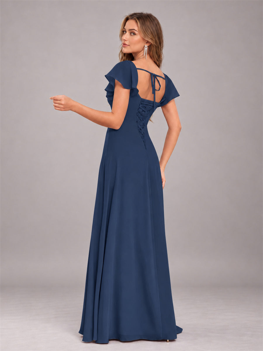 Navy Blue Modern Square Neck Cap Sleeves Lace Up Chiffon Bridesmaid Dress