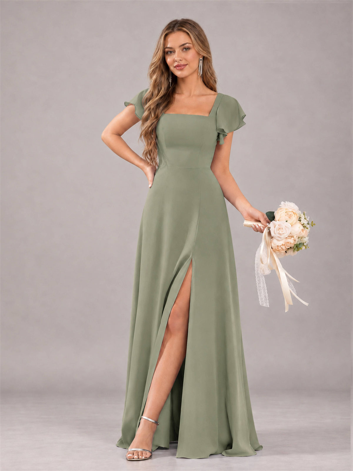 Olive Green Modern Square Neck Cap Sleeves Lace Up Chiffon Bridesmaid Dress