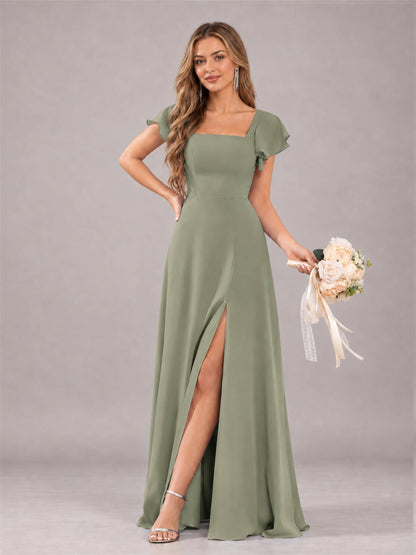 Olive Green Modern Square Neck Cap Sleeves Lace Up Chiffon Bridesmaid Dress