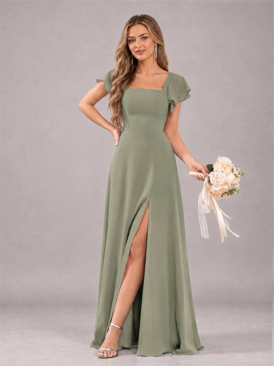 Olive Green Modern Square Neck Cap Sleeves Lace Up Chiffon Bridesmaid Dress