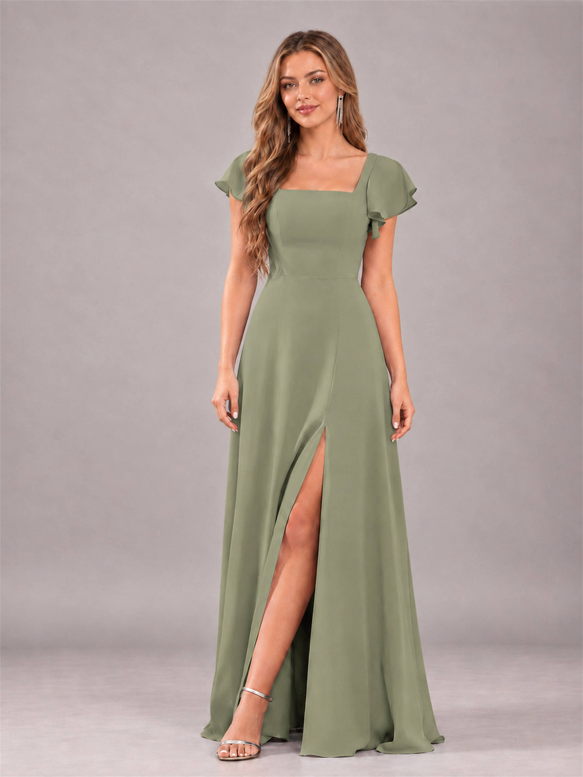 Olive Green Modern Square Neck Cap Sleeves Lace Up Chiffon Bridesmaid Dress