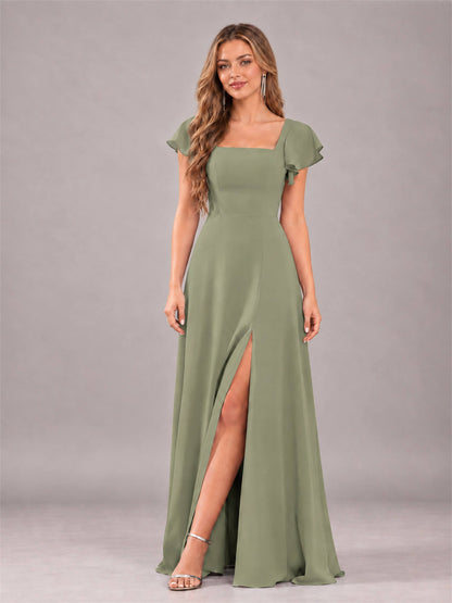 Olive Green Modern Square Neck Cap Sleeves Lace Up Chiffon Bridesmaid Dress