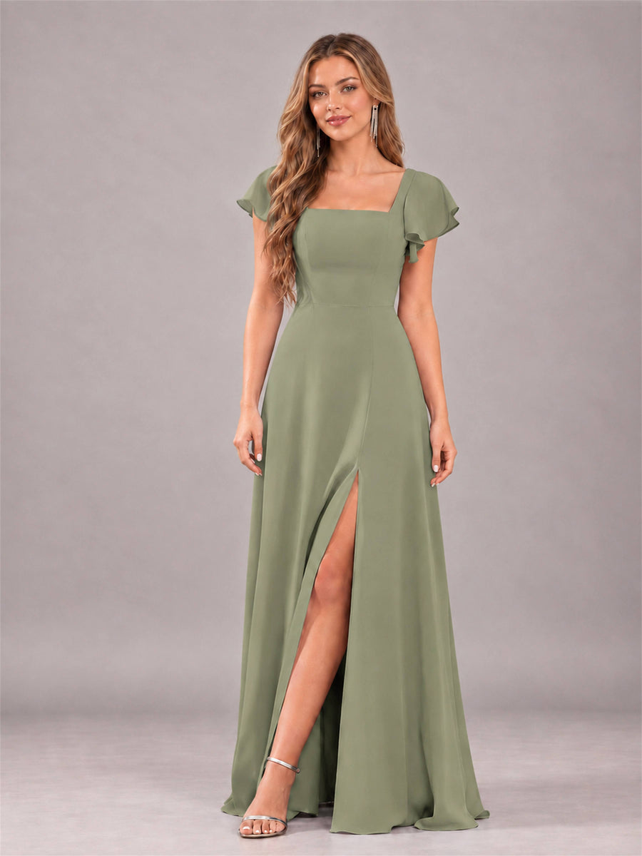 Olive Green Modern Square Neck Cap Sleeves Lace Up Chiffon Bridesmaid Dress