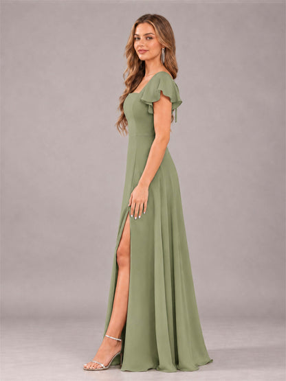 Olive Green Modern Square Neck Cap Sleeves Lace Up Chiffon Bridesmaid Dress