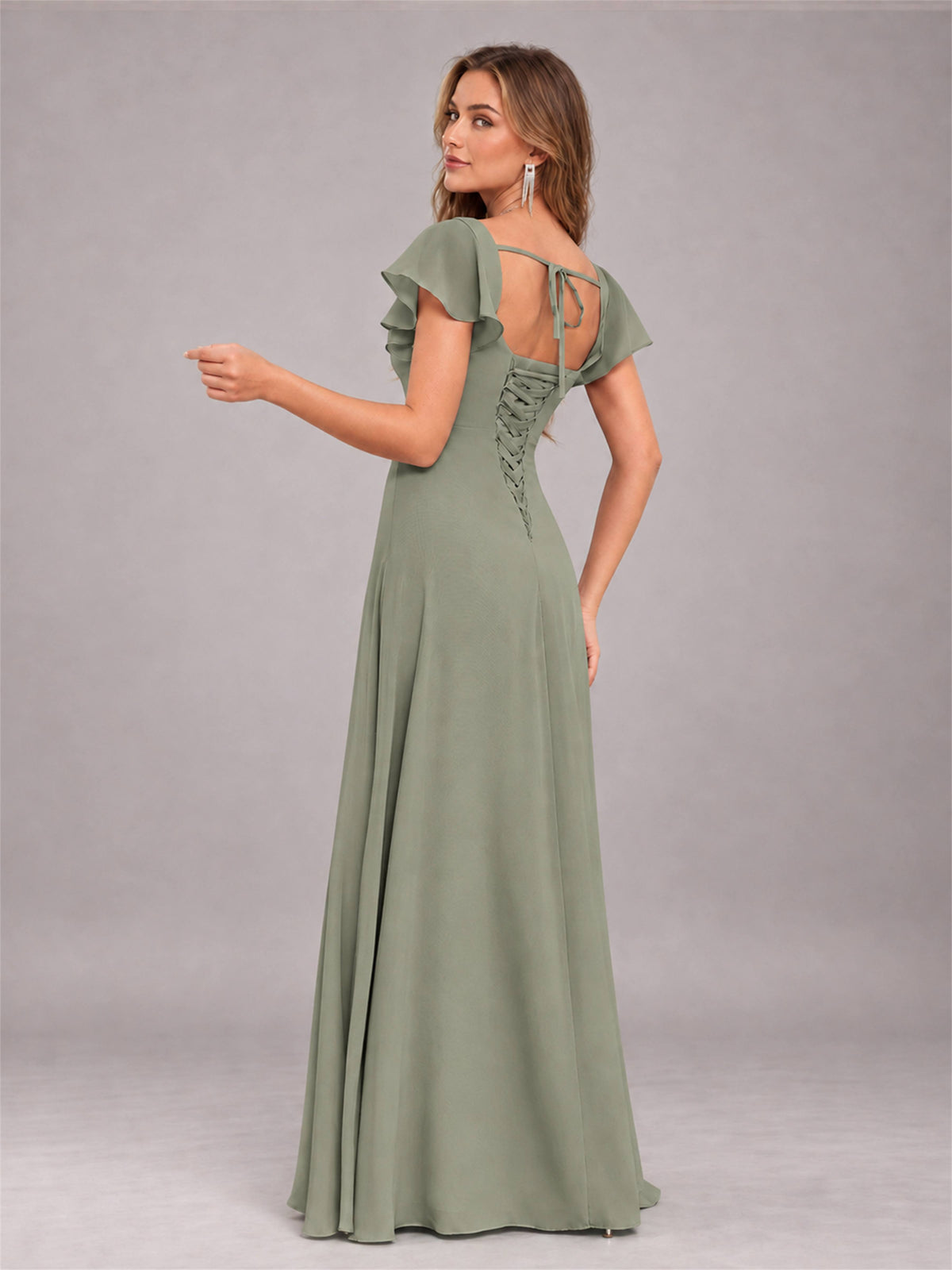 Olive Green Modern Square Neck Cap Sleeves Lace Up Chiffon Bridesmaid Dress