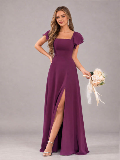 Plum Modern Square Neck Cap Sleeves Lace Up Chiffon Bridesmaid Dress