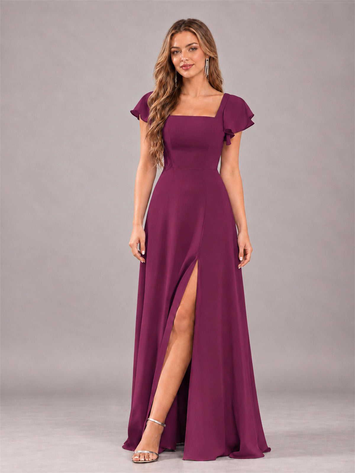 Plum Modern Square Neck Cap Sleeves Lace Up Chiffon Bridesmaid Dress