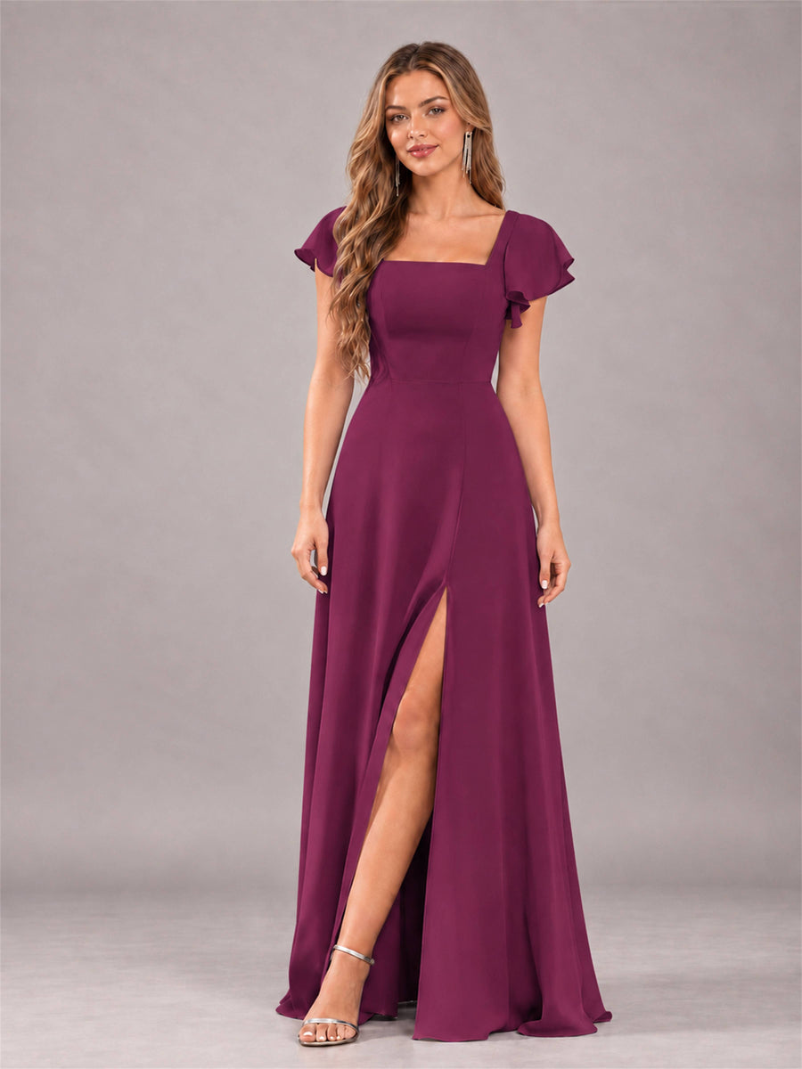 Plum Modern Square Neck Cap Sleeves Lace Up Chiffon Bridesmaid Dress