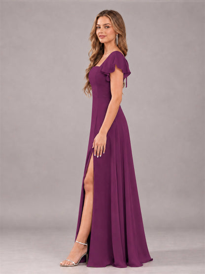 Plum Modern Square Neck Cap Sleeves Lace Up Chiffon Bridesmaid Dress
