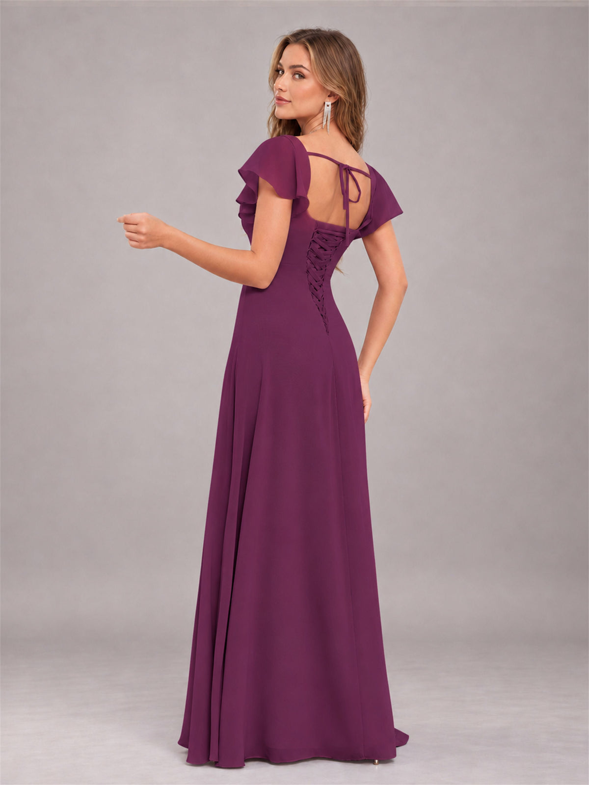 Plum Modern Square Neck Cap Sleeves Lace Up Chiffon Bridesmaid Dress