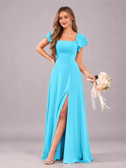 Pool Modern Square Neck Cap Sleeves Lace Up Chiffon Bridesmaid Dress
