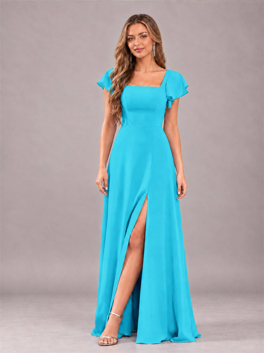 Pool Modern Square Neck Cap Sleeves Lace Up Chiffon Bridesmaid Dress