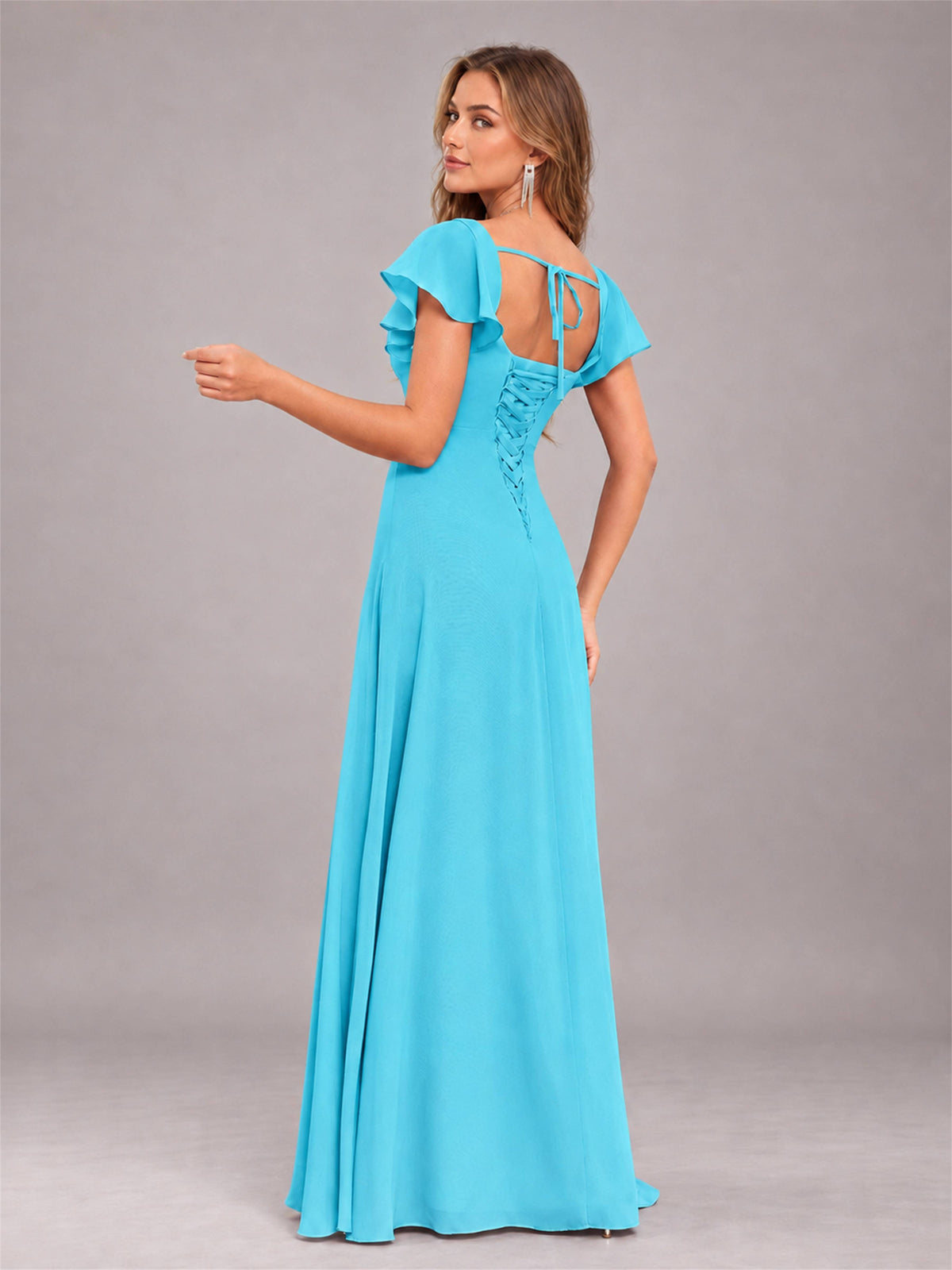 Pool Modern Square Neck Cap Sleeves Lace Up Chiffon Bridesmaid Dress